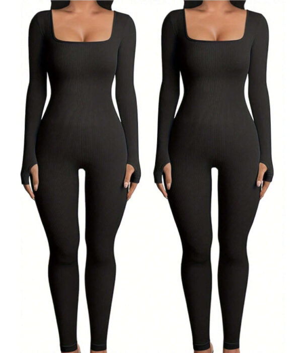 Women's Yoga Sports Fitness Jumpsuit Workout Long Sleeve Square Collar Clothing - Image 7