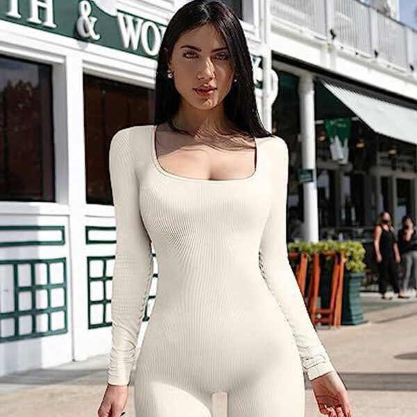 Women's Yoga Sports Fitness Jumpsuit Workout Long Sleeve Square Collar Clothing - Image 8
