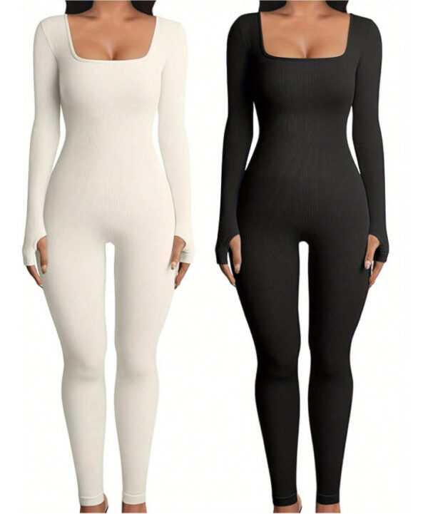 Women's Yoga Sports Fitness Jumpsuit Workout Long Sleeve Square Collar Clothing - Image 4