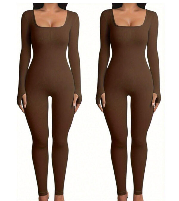 Women's Yoga Sports Fitness Jumpsuit Workout Long Sleeve Square Collar Clothing - Image 9