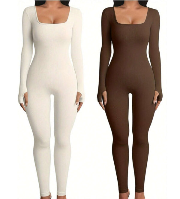Women's Yoga Sports Fitness Jumpsuit Workout Long Sleeve Square Collar Clothing - Image 5